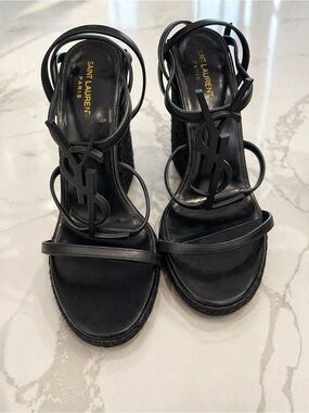 Saint Laurent Black YSL Logo Espadrille Wedge Sandals with Strappy Upper